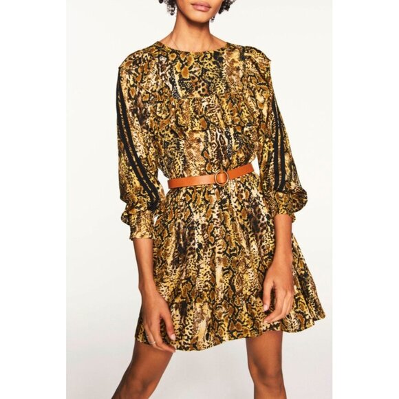 ba&sh Womens SYM Dress Ochre Snake Print Ruffle Swing Smocked Cuffs size 10 - Picture 4 of 16